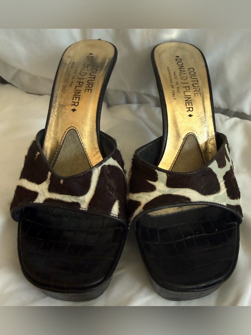 Vintage Donald J Pliner Calf Hair Giraffe Print Platform Mule Heel 6.5 Italy Y2K - Picture 3 of 16